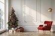 © JIALU - Modern living room with Christmas tree, gifts, red armchair, wood parquet floor, lamp, window, flower vase, white wall background, mockup for interior design, high-resolution photo.