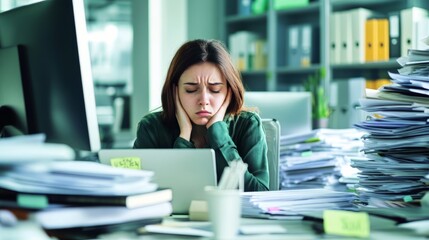 Burnout disease in the office, with an employee staring blankly at their screen, surrounded by piles of work, visually representing emotional exhaustion and stress