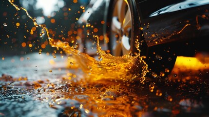 Poster - Car motor oil background, pouring liquid fuel bubble,