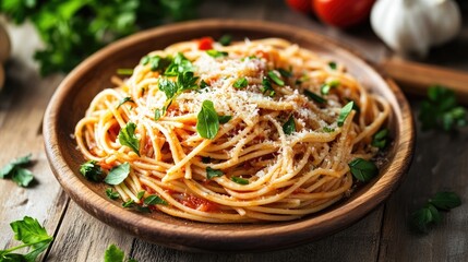 Gourmet pasta dish topped with fresh herbs and parmesan. Italian food menu. Pasta banner