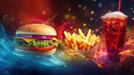 Levitating fast food combo: burger, fries, and soda all floating in perfect alignment, glowing softly, digital painting, vibrant colors.