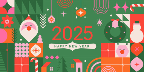 2025 happy New Year. Greeting banner, flyer, poster with geometric symbols of Christmas and new year, Santa, gift boxes, snowflakes, Christmas tree and snowman. Template poster, header, web. Vector