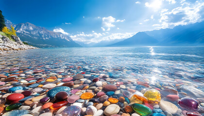 The sea is full of colorful pebbles, and the pebble beach on both sides is covered with many colored glass stones