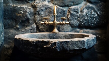 Wall Mural - Stone Sink with Antique Brass Faucet