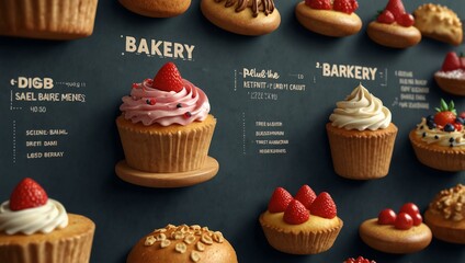 3D bakery menu board with dessert icons.