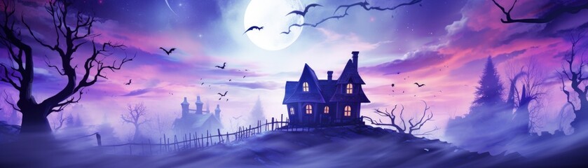 Mysterious Haunted House on a Misty Halloween Night.