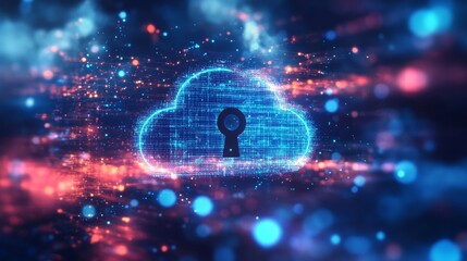 Aufkleber - Digital cloud with keyhole on a neon network background, cybersecurity concept