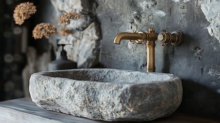 Poster - Rustic Stone Sink and Brass Faucet