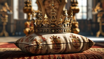 Wall Mural - Emblematic Spanish Royal Crown on Plush Pillow with Majestic Throne in the Background, Celebrating the Heritage of Monarchy in Spain