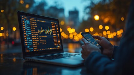 Investor using mobile phone and laptop checking trade market data. Stock trader broker looking at computer analyzing trading cryptocurrency finance market crypto stockmarket data, over shoulder view.