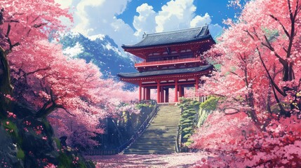 Traditional Japanese temple surrounded by cherry blossom trees. Japanese temple wallpaper