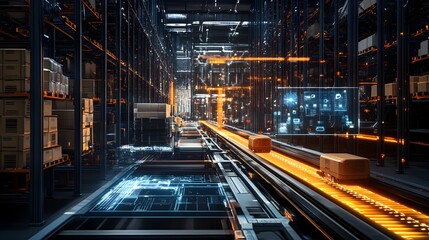 Poster - futuristic automated distribution warehouse with advanced logistics technology,showcasing efficient 