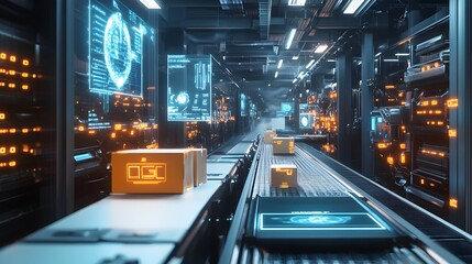 Poster - a highly automated and technologically advanced distribution warehouse with illuminated conveyor bel