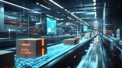 Poster - futuristic automated distribution warehouse with conveyor belts,robotic systems,and glowing neon lig