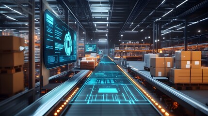 Poster - futuristic automated distribution center with advanced logistics technology,including conveyor belts