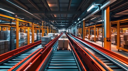 Poster - aerial view of a modern,automated distribution facility featuring a complex conveyor belt system for