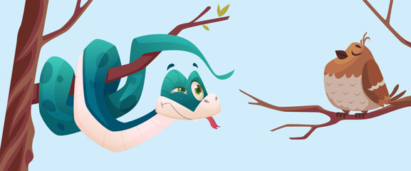 snake. lizard hunting on bird vector cartoon snake on tree