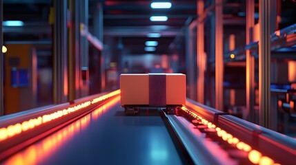 Poster - a photograph depicting a cardboard box or package moving along a conveyor belt in an industrial ware