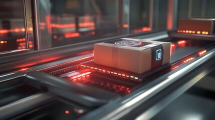 Poster - parcel on conveyor belt in automated warehouse logistics facility for efficient shipping and distrib