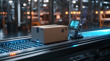 Poster - photograph of a cardboard shipping box traveling along a moving conveyor belt in an automated wareho