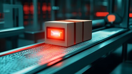 Poster - automated shipping box on conveyor belt in modern warehouse or factory environment,showcasing effici
