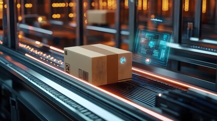 Poster - automated shipping box moving on a futuristic conveyor belt with a digital interface displaying data