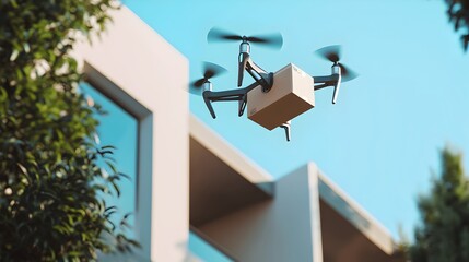 An AI-driven drone delivering a package in an urban environment surrounded by trees and buildings,showcasing the future of smart,efficient,and eco-friendly logistics and commerce solutions.