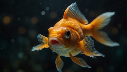 A goldfish swimming in a dimly lit aquarium, captured in a close-up shot that highlights its shimmering scales.