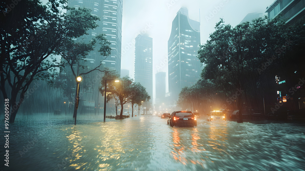 hurricane natural disaster rainstorm flooding typhoon urban city center ...