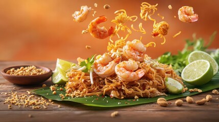 Delicious shrimp pad thai garnished with peanuts, lime, and crispy noodles on a wooden surface with vibrant colors.