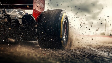 Wall Mural - The rear tire of a racing car kicks up dust and debris while powering out of a corner, showcasing the car's vibrant design against the gritty racetrack surface