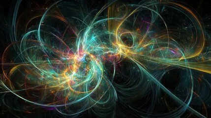 Poster - Exploration of multidimensional strings and theoretical physics concepts illuminated by vibrant colors in a cosmic backdrop