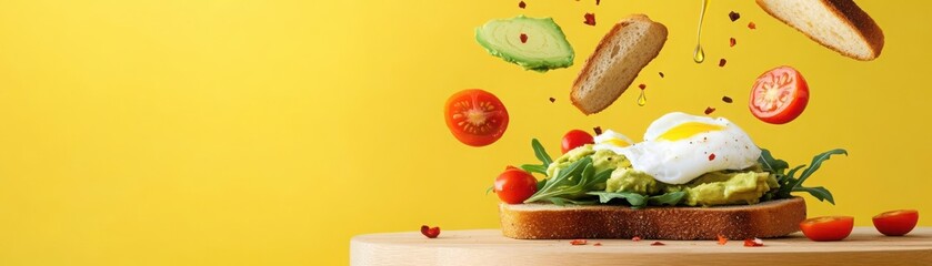 A vibrant and tasty breakfast scene featuring fresh ingredients like avocado, eggs, and tomatoes on toast against a bright yellow background.