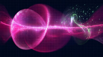 Poster - Illustration of quantum tunneling demonstrating particle behavior in a wave-like structure and energy transfer within a defined space