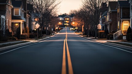 A quiet suburban street at night, with empty sidewalks and dimly lit houses in the background suburban street, night, silence