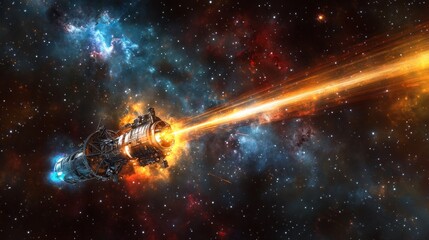 Poster - Advanced spacecraft navigating a wormhole to explore distant galaxies in a cosmic expanse