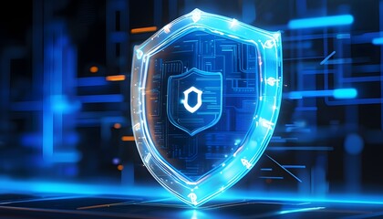 Illuminated digital shield emblem on blue technology backdrop symbolizing cybersecurity and data protection