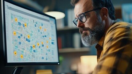 A logistics manager examines fleet performance data with colorful vehicle icons on a computer screen, set against a muted office background