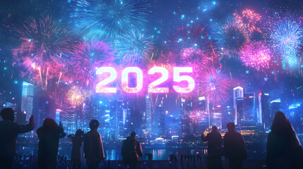 New Year Eve 2025 celebration 3D letter fireworks night sky, confetti, sparkling lights. Crowded people group celebrate Holiday festival illustration wallpaper backdrop banner background