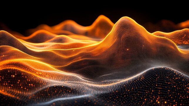 Abstract visualization of quantum field theory with a grid-like mesh and glowing particles in a dynamic energy landscape