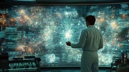 Poster - Scientist interacting with holographic display of quantum field theory in a high-tech laboratory