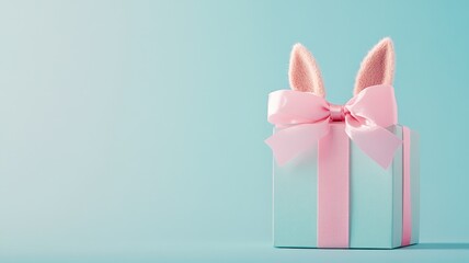 A pastel blue gift box tied with a pink ribbon and adorned with playful animal ears, against a fun and light blue background.