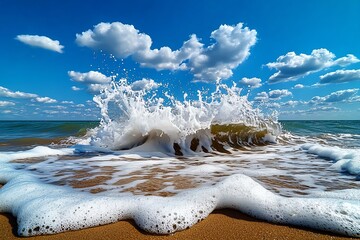 A wave crashing onto a beach, the motion frozen in time as the water rises and falls, creating a splash of foam and spray