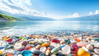 The sea is full of colorful pebbles, and the pebble beach on both sides is covered with many colored glass stones