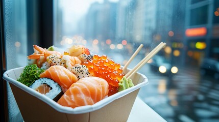 Poster - A takeaway box filled with fresh sushi and chopsticks placed on a doorstep for delivery, with the cityscape in the background. The image captures the trend of fresh food delivery in urban