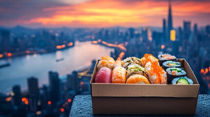 Poster - A takeaway box filled with fresh sushi and chopsticks placed on a doorstep for delivery, with the cityscape in the background. The image captures the trend of fresh food delivery in urban