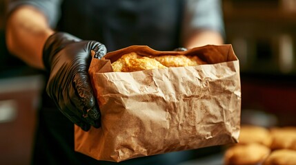 Poster - A close-up shot of a gloved hand handing over a paper bag filled with freshly prepared food. The image focuses on safety and hygiene in food delivery. Large space for text in center Stock Photo with