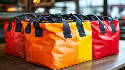 Poster - A shot of multiple colorful food delivery bags stacked at the entrance of a restaurant waiting to be picked up by couriers. The vibrant colors stand out against the neutral tones of the street. Large