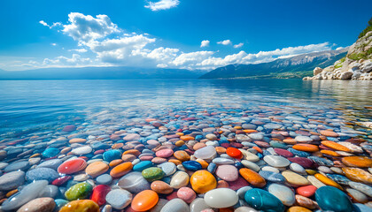 The sea is full of colorful pebbles, and the pebble beach on both sides is covered with many colored glass stones