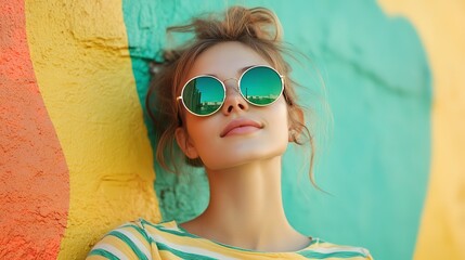 A young woman wearing round green sunglasses with a colorful wall in the background